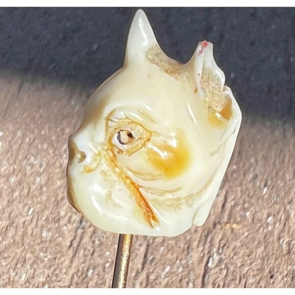 Antique Hand-Carved French Bulldog Head Hat Lapel Stick Pin Exquisite - Picture 3 of 10